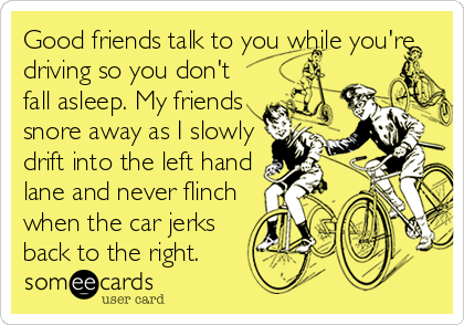 Good friends talk to you while you're
driving so you don't
fall asleep. My friends
snore away as I slowly
drift into the left hand
lane and never flinch
when the car jerks
back to the right.