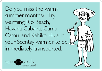 Do you miss the warm
summer months?  Try
warming Rio Beach,
Havana Cabana, Camu
Camu, and Kahiko Hula in
your Scentsy warmer to be
immediately transported.