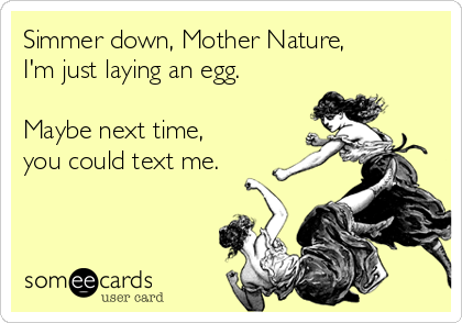 Simmer down, Mother Nature,
I'm just laying an egg.

Maybe next time, 
you could text me.