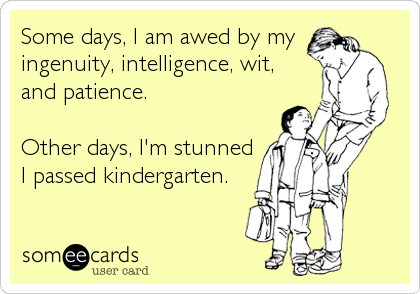 Some days, I am awed by my 
ingenuity, intelligence, wit, 
and patience.

Other days, I'm stunned
I passed kindergarten.