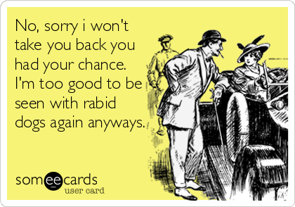 No, sorry i won't 
take you back you
had your chance. 
I'm too good to be
seen with rabid
dogs again anyways.