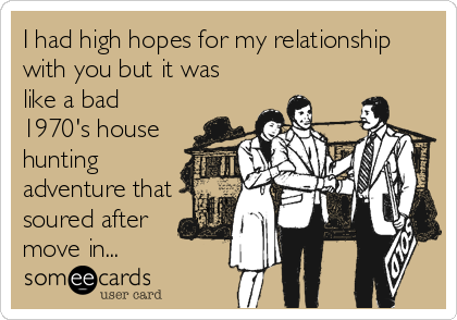 I had high hopes for my relationship
with you but it was
like a bad
1970's house
hunting
adventure that
soured after
move in...