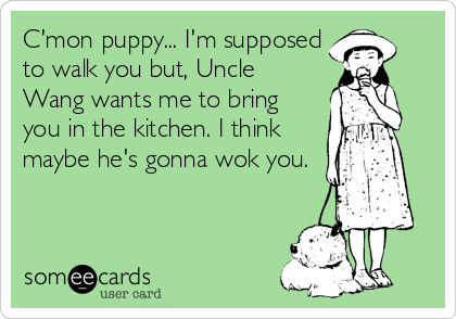 C'mon puppy... I'm supposed
to walk you but, Uncle
Wang wants me to bring
you in the kitchen. I think
maybe he's gonna wok you.