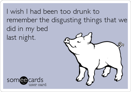 I wish I had been too drunk to
remember the disgusting things that we
did in my bed 
last night.