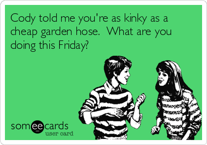 Cody told me you're as kinky as a
cheap garden hose.  What are you
doing this Friday?