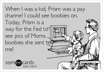 When I was a kid, Prism was a pay
channel I could see boobies on.
Today, Prism is a
way for the Fed to
see pics of Moms
boobies she sent to
me!