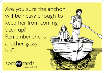 Are you sure the anchor
will be heavy enough to
keep her from coming
back up?
Remember she is
a rather gassy
heffer.