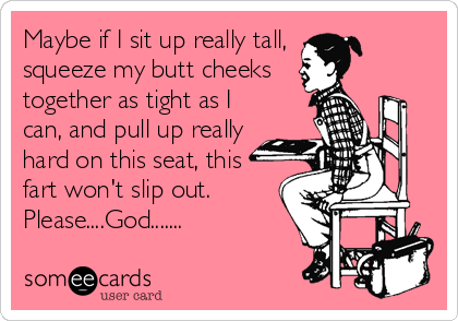 Maybe if I sit up really tall,
squeeze my butt cheeks 
together as tight as I
can, and pull up really
hard on this seat, this
fart won't slip out. 
Please....God.......