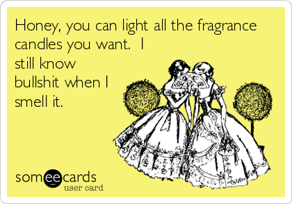 Honey, you can light all the fragrance
candles you want.  I
still know
bullshit when I
smell it.
