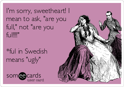 I'm sorry, sweetheart! I
mean to ask, "are you
full," not "are you
ful!!!!"

*ful in Swedish
means "ugly"
