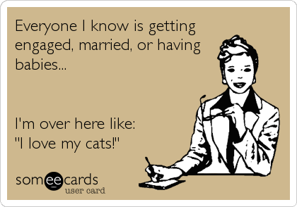 Everyone I know is getting
engaged, married, or having
babies...


I'm over here like:
"I love my cats!"
