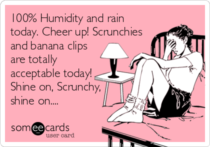 100% Humidity and rain
today. Cheer up! Scrunchies
and banana clips
are totally
acceptable today!
Shine on, Scrunchy,
shine on....