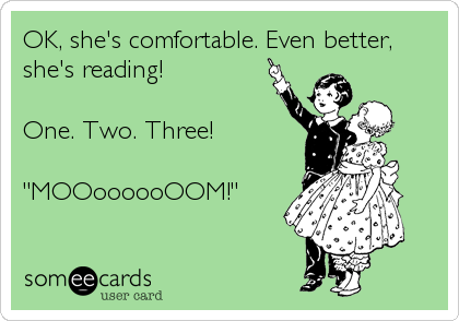 OK, she's comfortable. Even better,
she's reading!

One. Two. Three!

"MOOoooooOOM!"