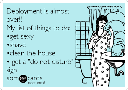 Deployment is almost
over!!
My list of things to do:
•get sexy
•shave
•clean the house 
• get a "do not disturb"  
sign