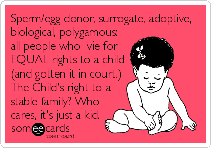 Sperm/egg donor, surrogate, adoptive,
biological, polygamous: 
all people who  vie for
EQUAL rights to a child
(and gotten it in court.)
The%2
