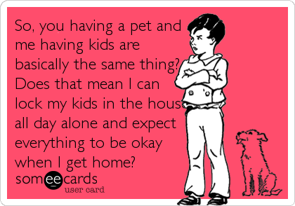 So, you having a pet and
me having kids are
basically the same thing?
Does that mean I can
lock my kids in the house
all day alone and exp