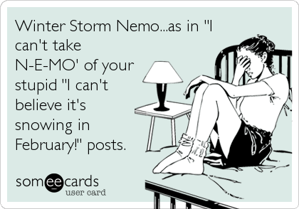 Winter Storm Nemo...as in "I
can't take
N-E-MO' of your
stupid "I can't
believe it's
snowing in 
February!" posts.
