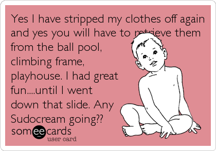 Yes I have stripped my clothes off again
and yes you will have to retrieve them
from the ball pool,
climbing frame,
playhouse. I had great
fun..