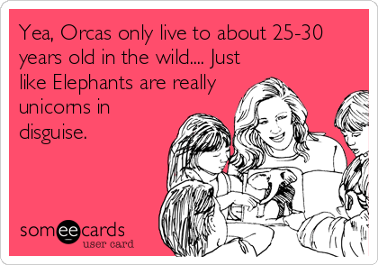 Yea, Orcas only live to about 25-30
years old in the wild.... Just
like Elephants are really
unicorns in
disguise.
