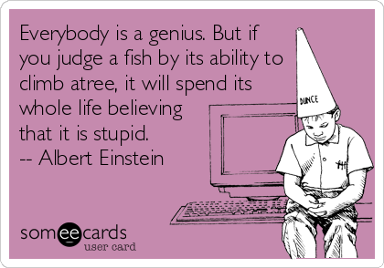 Everybody is a genius. But if
you judge a fish by its ability to 
climb atree, it will spend its
whole life believing
that it is stupid.
-- Albert Einstein