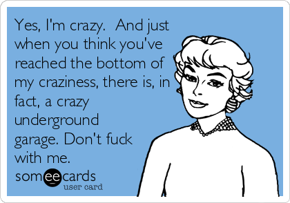 Yes, I'm crazy.  And just
when you think you've
reached the bottom of
my craziness, there is, in
fact, a crazy
underground
garage. Don't fuck
with me.