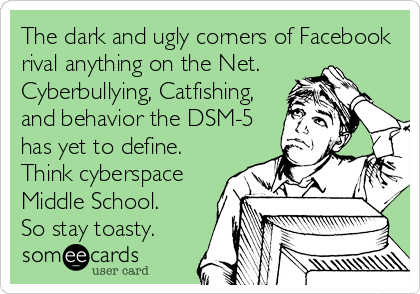 The dark and ugly corners of Facebook
rival anything on the Net.
Cyberbullying, Catfishing,
and behavior the DSM-5
has yet to define.
Think cyberspace
Middle School.  
So stay toasty.