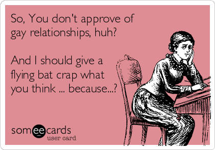 So, You don't approve of
gay relationships, huh?

And I should give a 
flying bat crap what
you think ... because...?