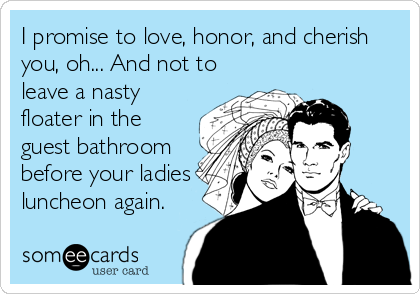 I promise to love, honor, and cherish
you, oh... And not to
leave a nasty
floater in the
guest bathroom
before your ladies
luncheon aga