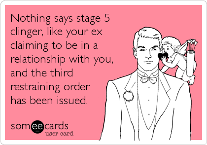 Nothing says stage 5
clinger, like your ex
claiming to be in a 
relationship with you,
and the third
restraining order
has been issued.