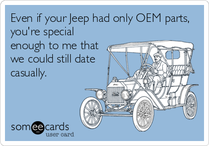 Even if your Jeep had only OEM parts,
you're special
enough to me that
we could still date
casually.