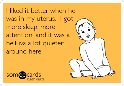 I liked it better when he
was in my uterus.  I got
more sleep, more
attention, and it was a
helluva a lot quieter
around here.