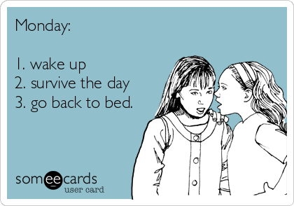 Monday:

1. wake up
2. survive the day
3. go back to bed.