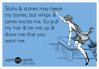 Sticks & stones may break
my bones, but whips &
canes excite me. So pull
my hair & tie me up &
show me that you
want me.