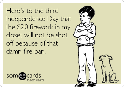 Here's to the third         
Independence Day that
the $20 firework in my
closet will not be shot
off because of that 
damn fire ban.