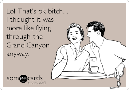 Lol That's ok bitch....
I thought it was
more like flying
through the
Grand Canyon
anyway.
