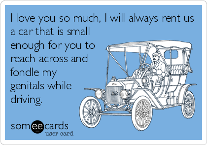 I love you so much, I will always rent us
a car that is small
enough for you to
reach across and
fondle my
genitals while
driving.