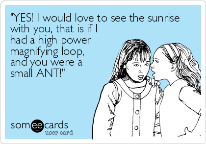 "YES! I would love to see the sunrise
with you, that is if I
had a high power
magnifying loop,
and you were a
small ANT!"