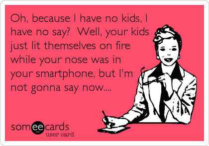 Oh, because I have no kids, I
have no say?  Well, your kids
just lit themselves on fire
while your nose was in
your smartphone, but I'm<br /%