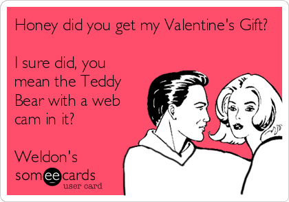 Honey did you get my Valentine's Gift?

I sure did, you
mean the Teddy
Bear with a web
cam in it?

Weldon's