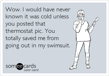 Wow. I would have never
known it was cold unless
you posted that
thermostat pic. You
totally saved me from
going out in my swimsuit.