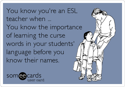 You know you're an ESL
teacher when ...
You know the importance
of learning the curse
words in your students'
language before you
know their%