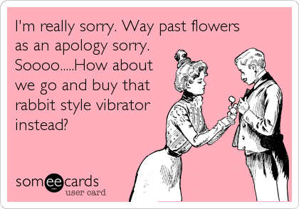 I'm really sorry. Way past flowers
as an apology sorry.
Soooo.....How about
we go and buy that
rabbit style vibrator
instead?