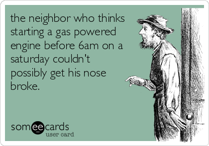 the neighbor who thinks
starting a gas powered
engine before 6am on a
saturday couldn't
possibly get his nose
broke.