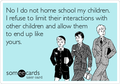No I do not home school my children.
I refuse to limit their interactions with
other children and allow them
to end up like
yours.