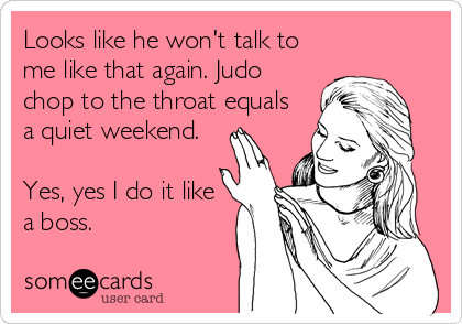 Looks like he won't talk to
me like that again. Judo
chop to the throat equals
a quiet weekend. 

Yes, yes I do it like
a boss.