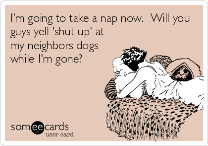 I'm going to take a nap now.  Will you
guys yell 'shut up' at
my neighbors dogs
while I'm gone?