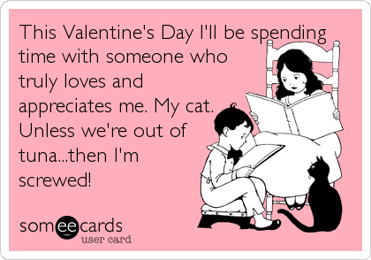 This Valentine's Day I'll be spending
time with someone who
truly loves and
appreciates me. My cat.
Unless we're out of
tuna...then I'm
screwed