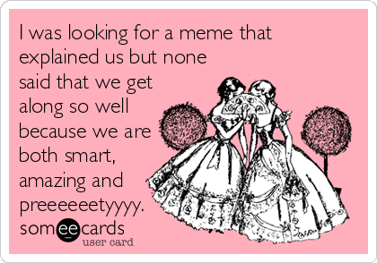 I was looking for a meme that
explained us but none
said that we get
along so well
because we are
both smart,
amazing and
preeeeeetyyyy.