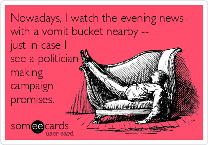 Nowadays, I watch the evening news
with a vomit bucket nearby --
just in case I
see a politician
making
campaign
promises.