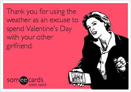 Thank you for using the
weather as an excuse to
spend Valentine's Day
with your other
girlfriend.
